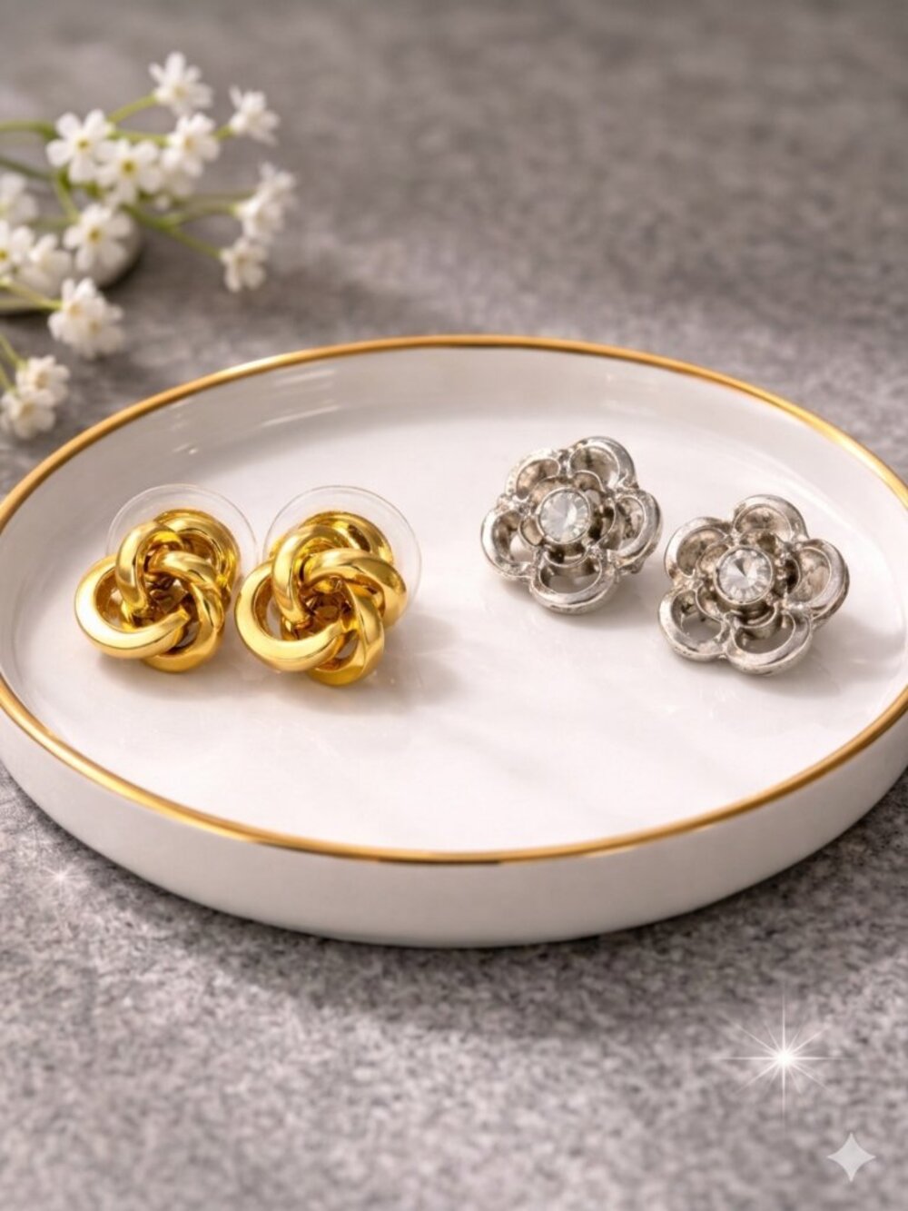 Bundle Set of 2 Stud Earrings – Gold Knot + Silver Flower with Crystal